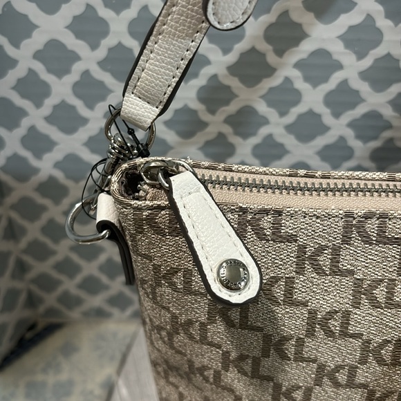 Karl Lagerfeld Authentic Taupe White Silver Satchel New With Tags - Picture 3 of 6
